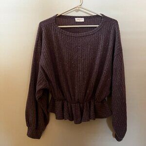 Hailey & Co Elastic Peplum Drop Waist Bubble Sleeve Sweater, Plum/Silver/ Size L